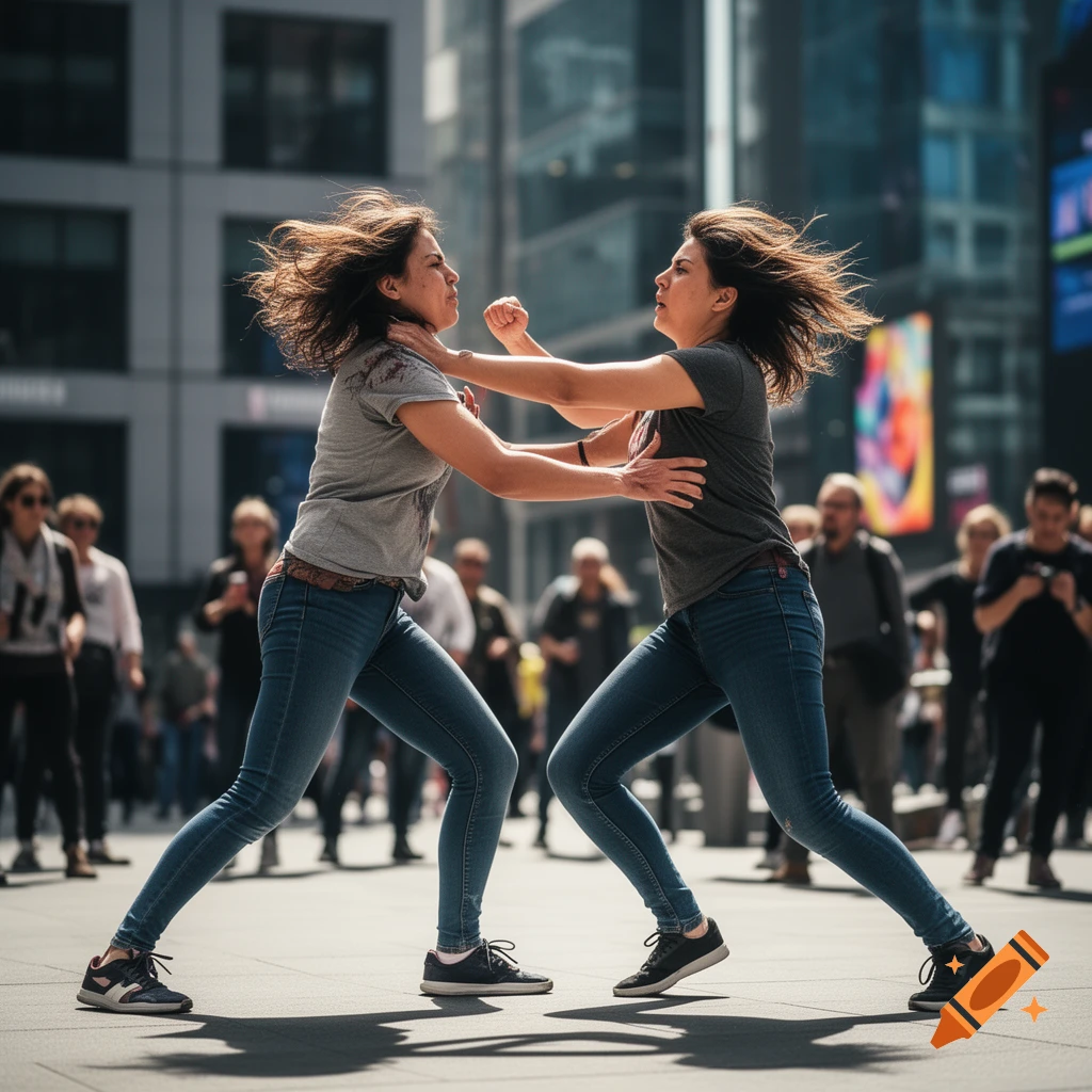 Two women in jeans and t-shirts fighting in a busy city street, their hair flying, in a photorealistic style.