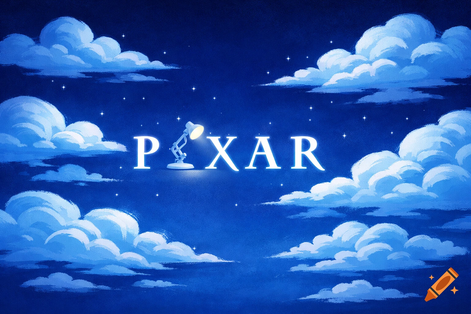 The Pixar logo, with a white desk lamp replacing the 'I', against a dark blue, starry night sky with stylized white clouds.