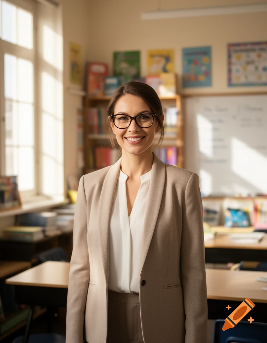 A smiling female teacher in glasses and a beige blazer stands in a sunny classroom.