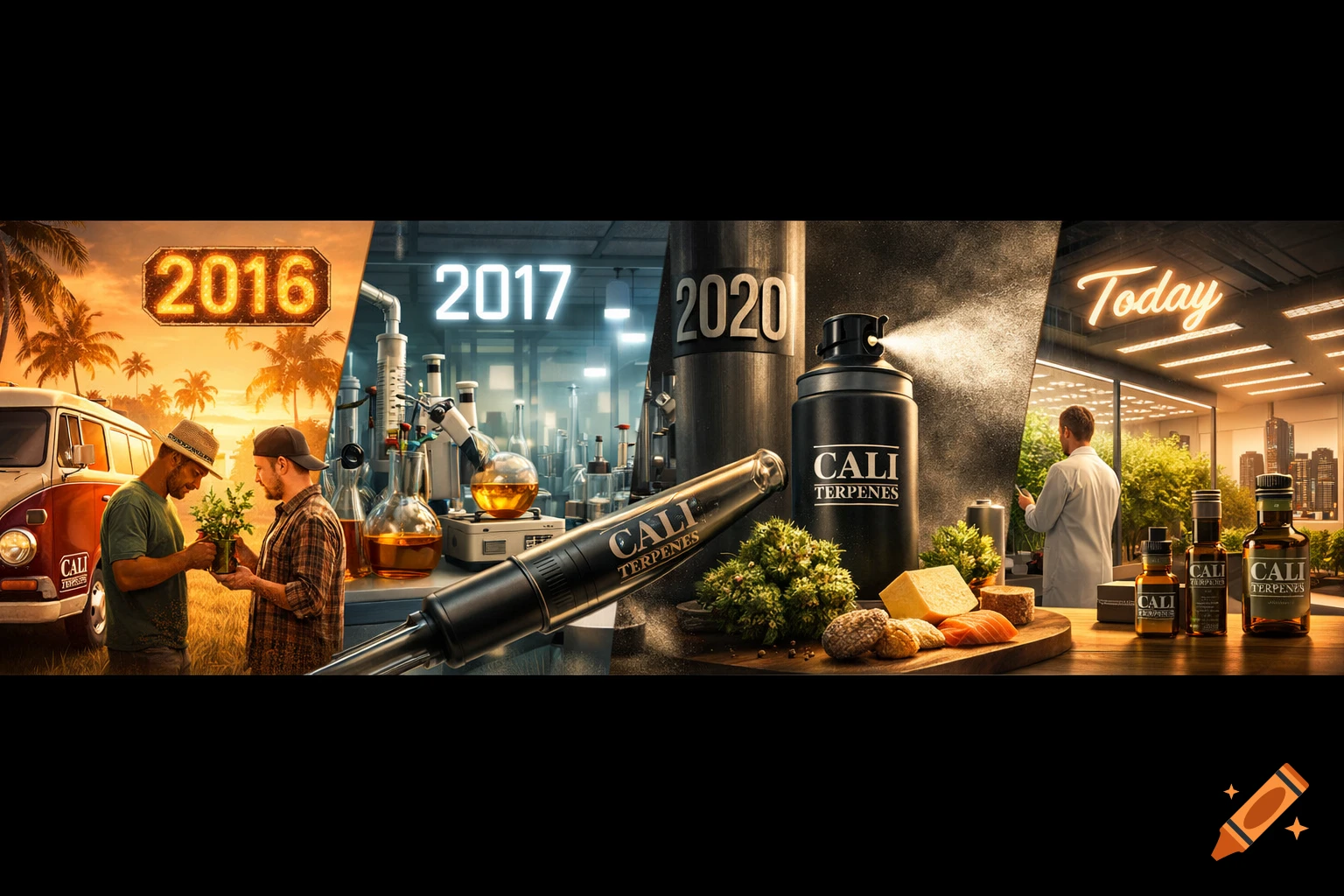 Panoramic image showing the evolution of a brand: two men with plants in 2016, a laboratory in 2017, a spray product in 2020, and bottled products "Today" in a modern store.