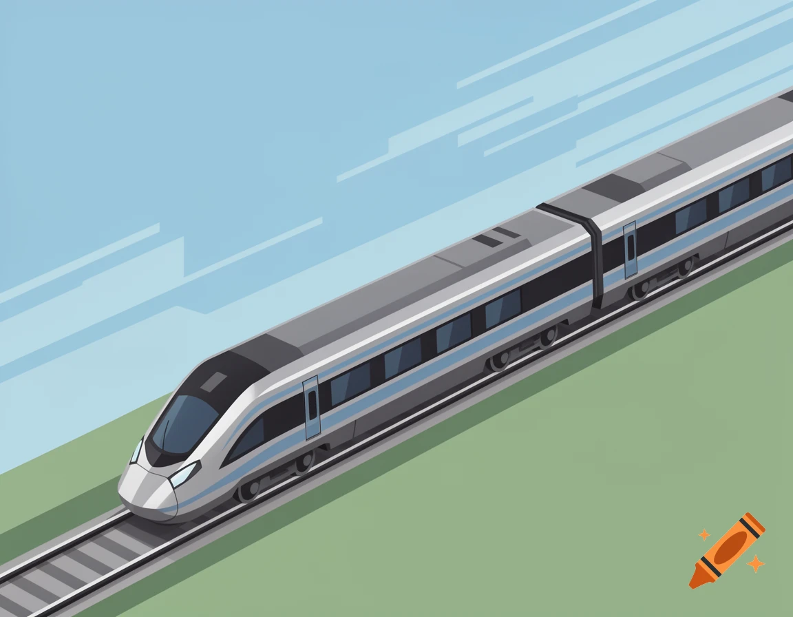 Isometric illustration of a modern, silver-blue high-speed train on tracks, moving across green ground under a light blue sky.