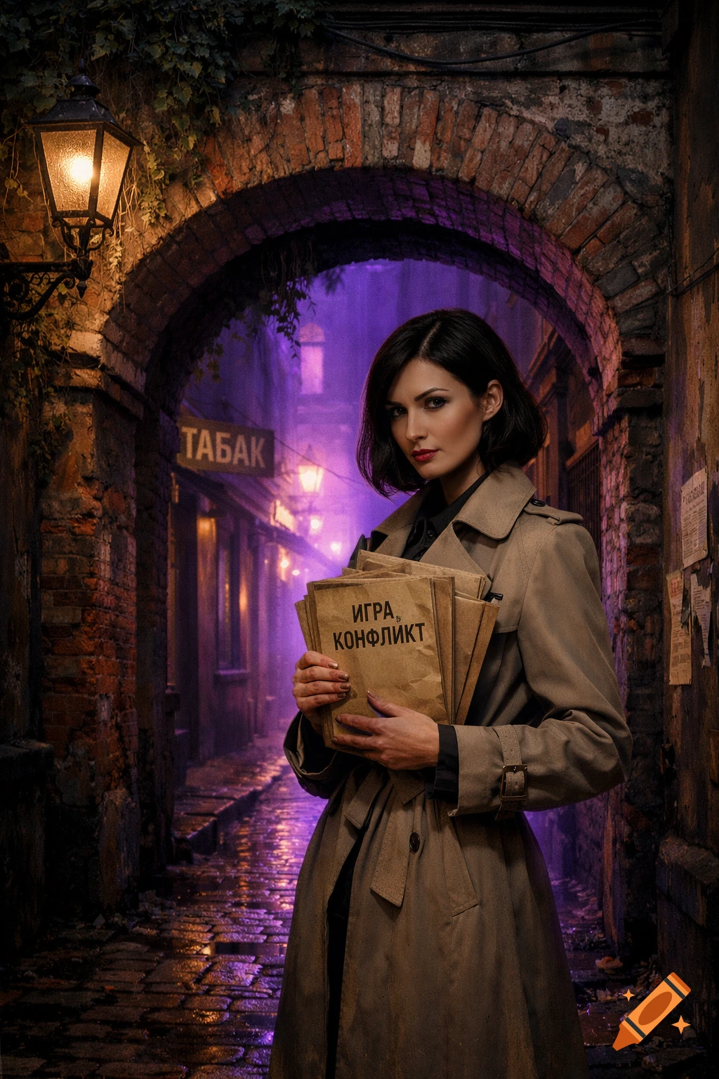 A mysterious woman in a trench coat stands in a dimly lit, purple-hued alley, holding papers.