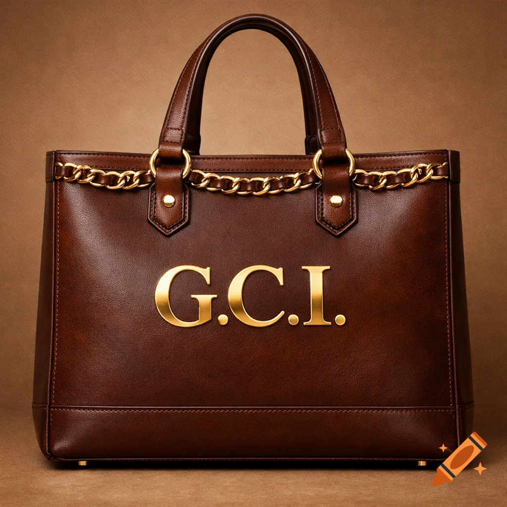 A close-up, photorealistic view of a rich brown leather tote bag featuring a prominent gold "G.C.I." logo on the front and gold chain details near the straps, set against a matching brown background.