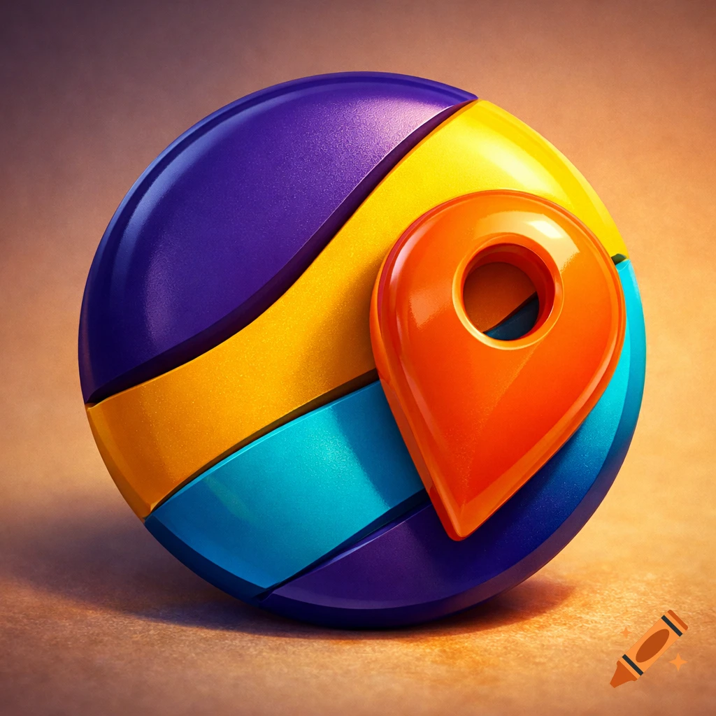 A vibrant 3D sphere logo with purple, yellow, and blue bands, featuring a glossy orange location pin.