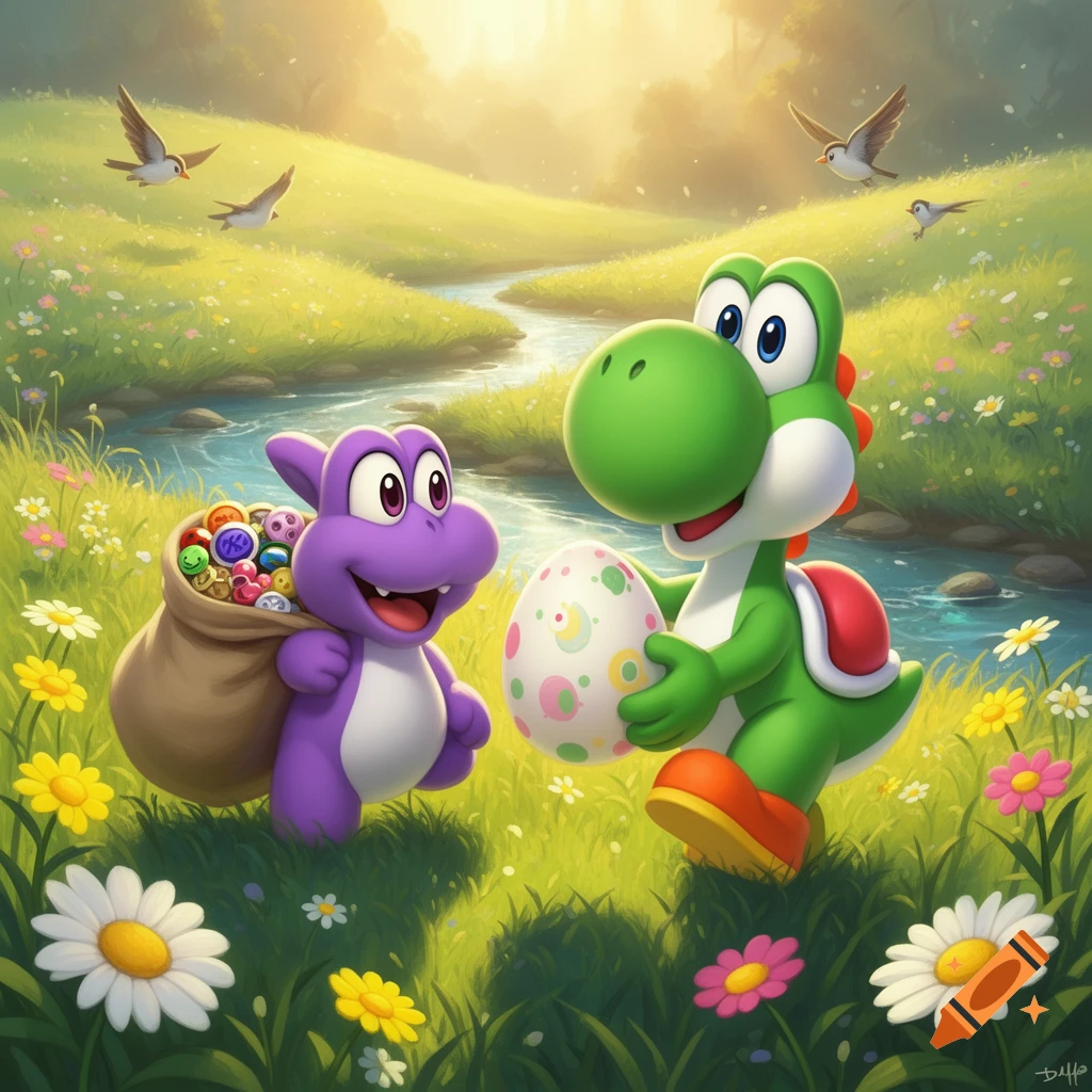Yoshi and a purple creature hold an Easter egg and a sack of goodies in a sunny spring meadow by a stream.