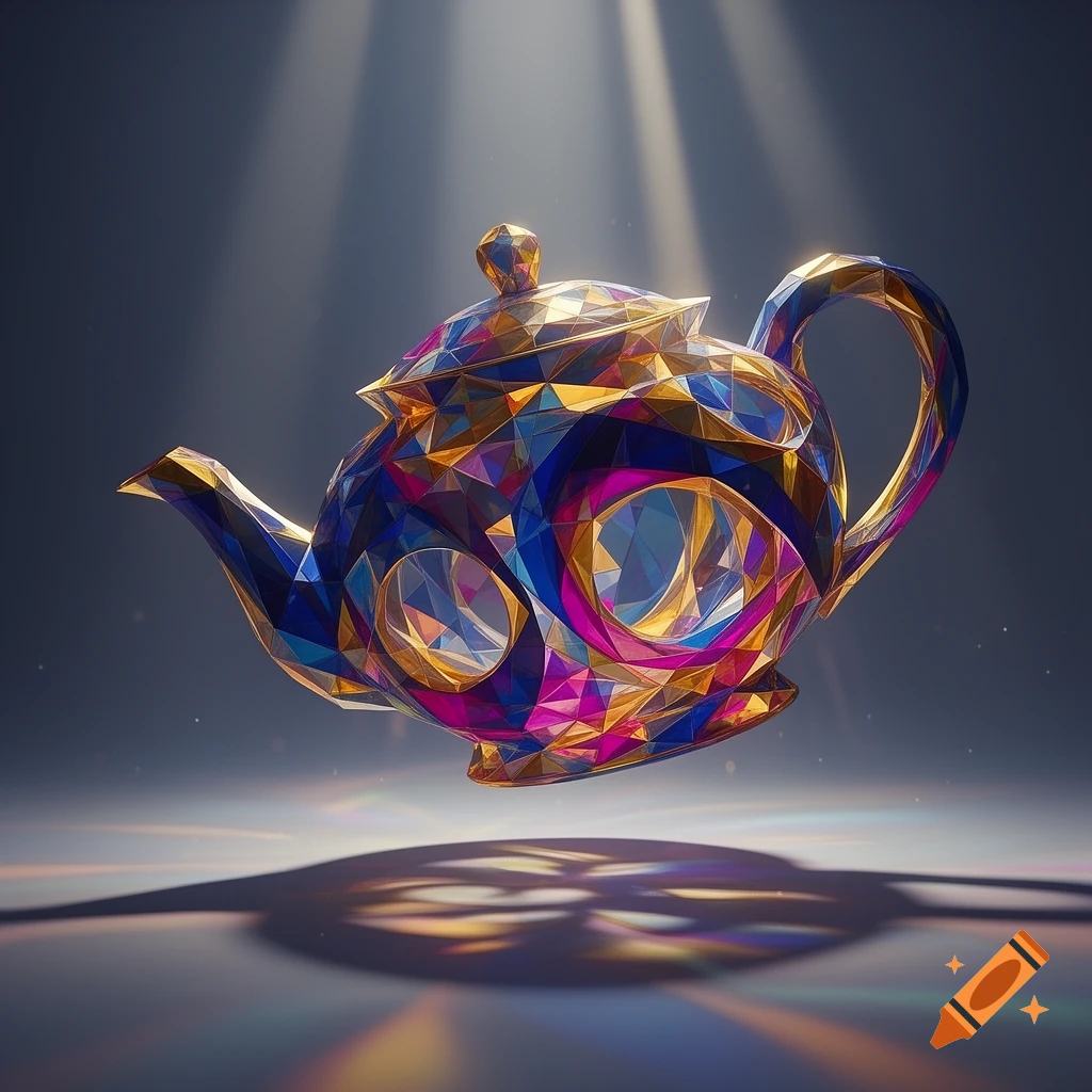 A vibrant, faceted teapot resembling stained glass, floats in a spotlight with colorful reflections below.