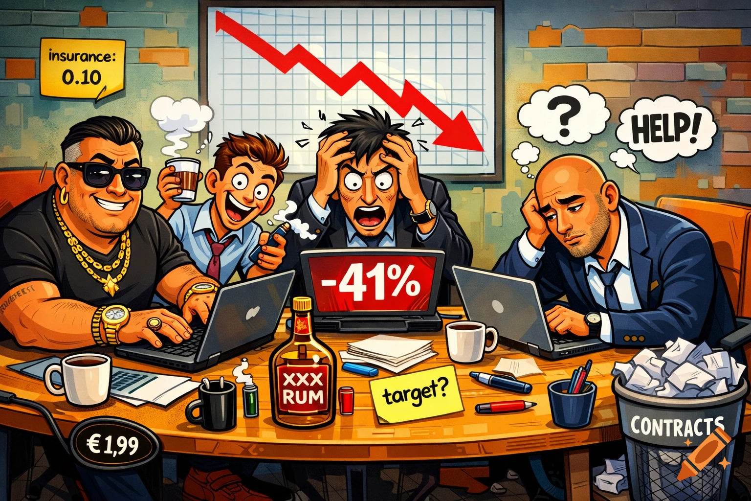 A colorful cartoon of four diverse men in an office reacting to bad sales. One is happy, one stressed at a "-41%" screen, one hopeless, and one energetic.