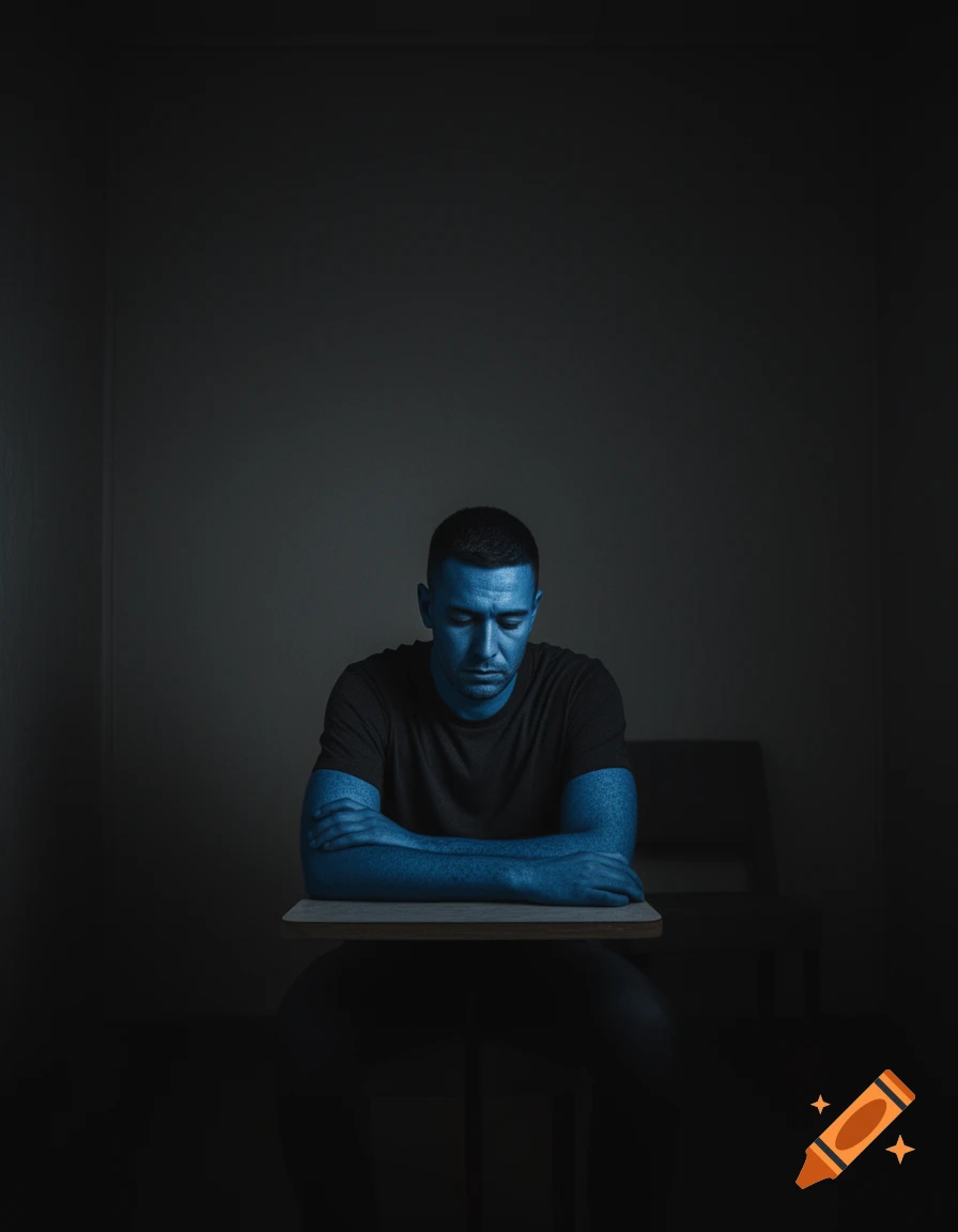 A photorealistic image of a blue-skinned man sitting alone at a desk in a dark room, looking down with a sad expression.