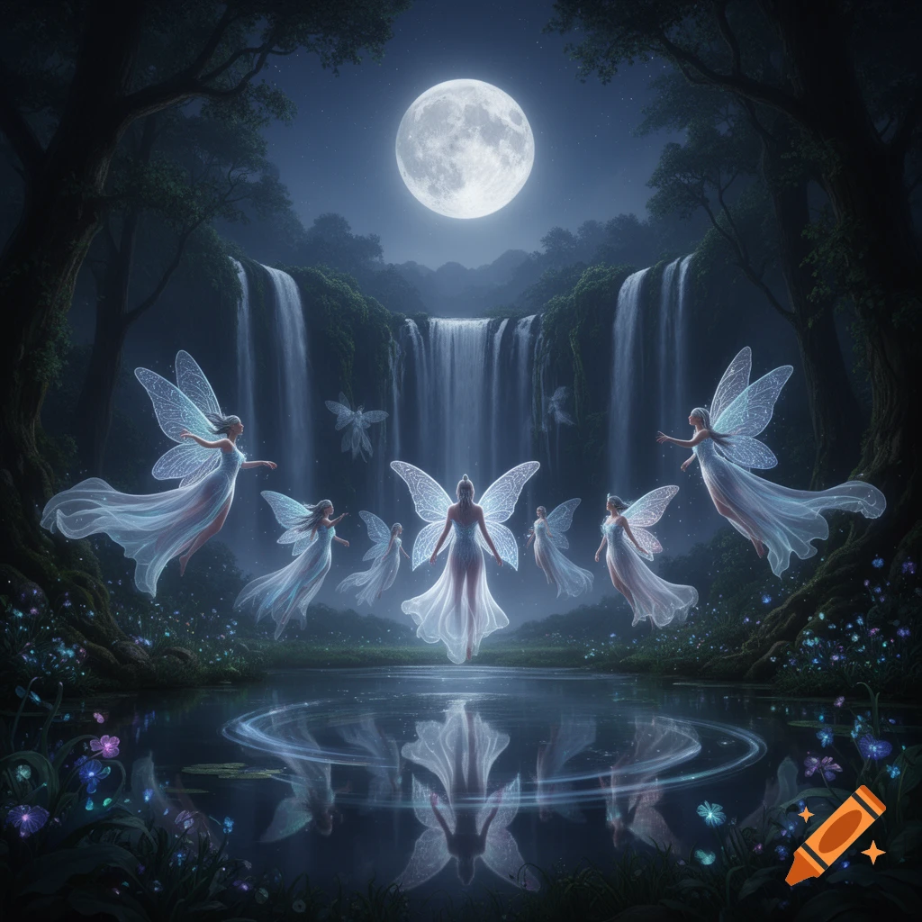 Ethereal fairies with glowing wings float above a moonlit pond in an enchanted forest with waterfalls.