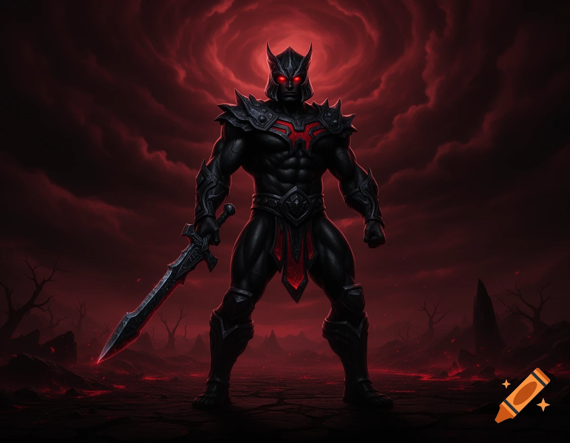 Dark armored warrior with glowing red eyes and a sword stands in a ...
