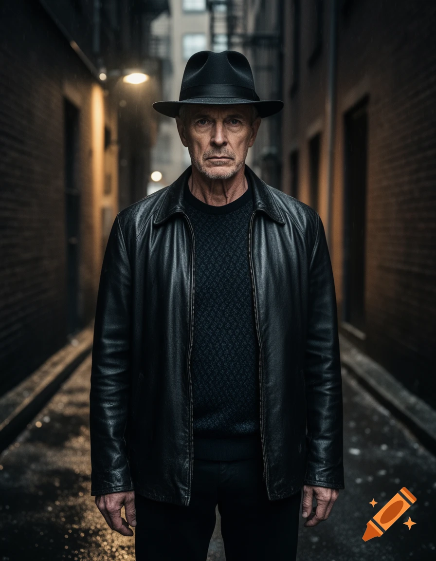 A man in a black fedora and leather jacket stands in a dimly lit urban alley with brick walls, looking intently.