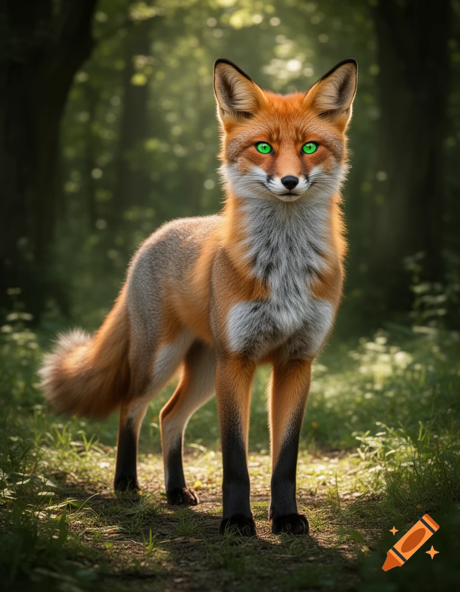 Photorealistic fox-like creature with bright green eyes and orange and grey fur stands in a sunlit forest.
