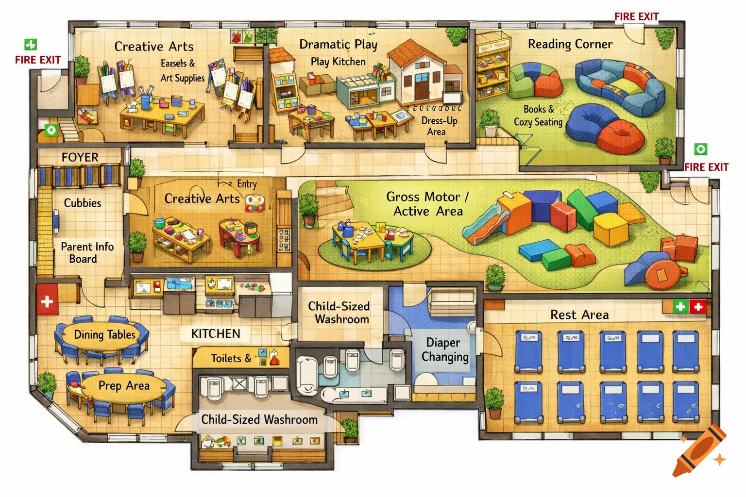 A detailed, colorful floor plan illustration of a child care center, showing various activity rooms like creative arts, dramatic play, reading corner, active area, kitchen, washrooms, and a rest area, all clearly labeled.
