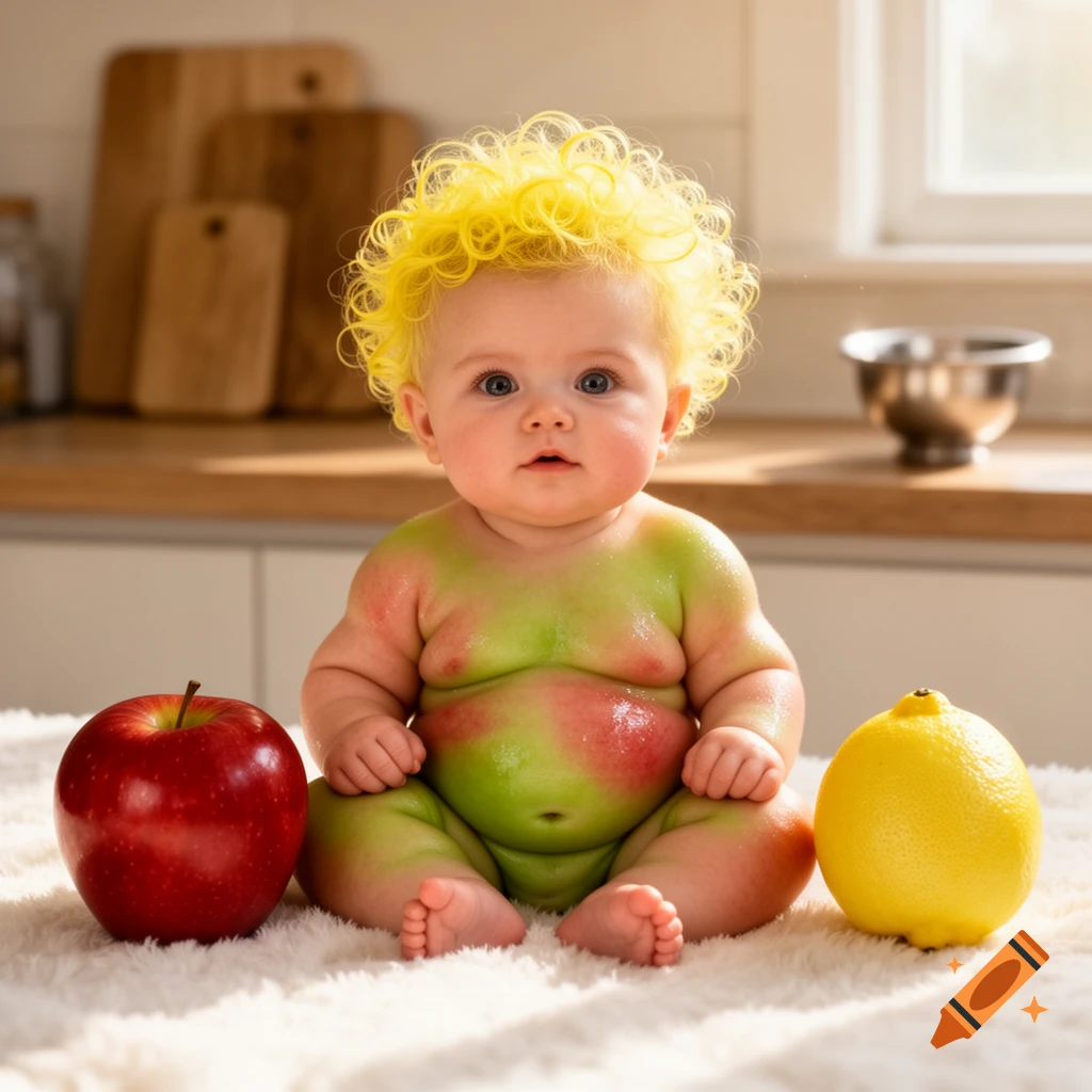 A baby with yellow curly hair and green and red skin sits between a red apple and a lemon on a fluffy white surface in a kitchen.