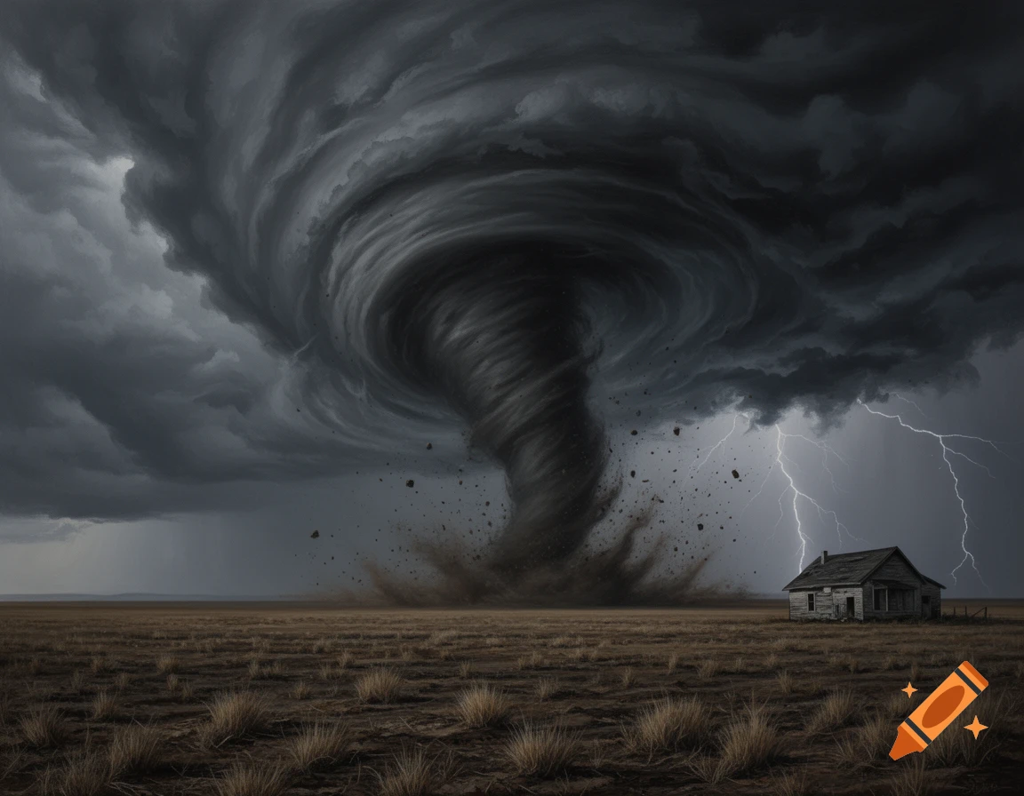 A powerful dark tornado rips through a dry field towards a small, dilapidated wooden house under a stormy, lightning-filled sky.