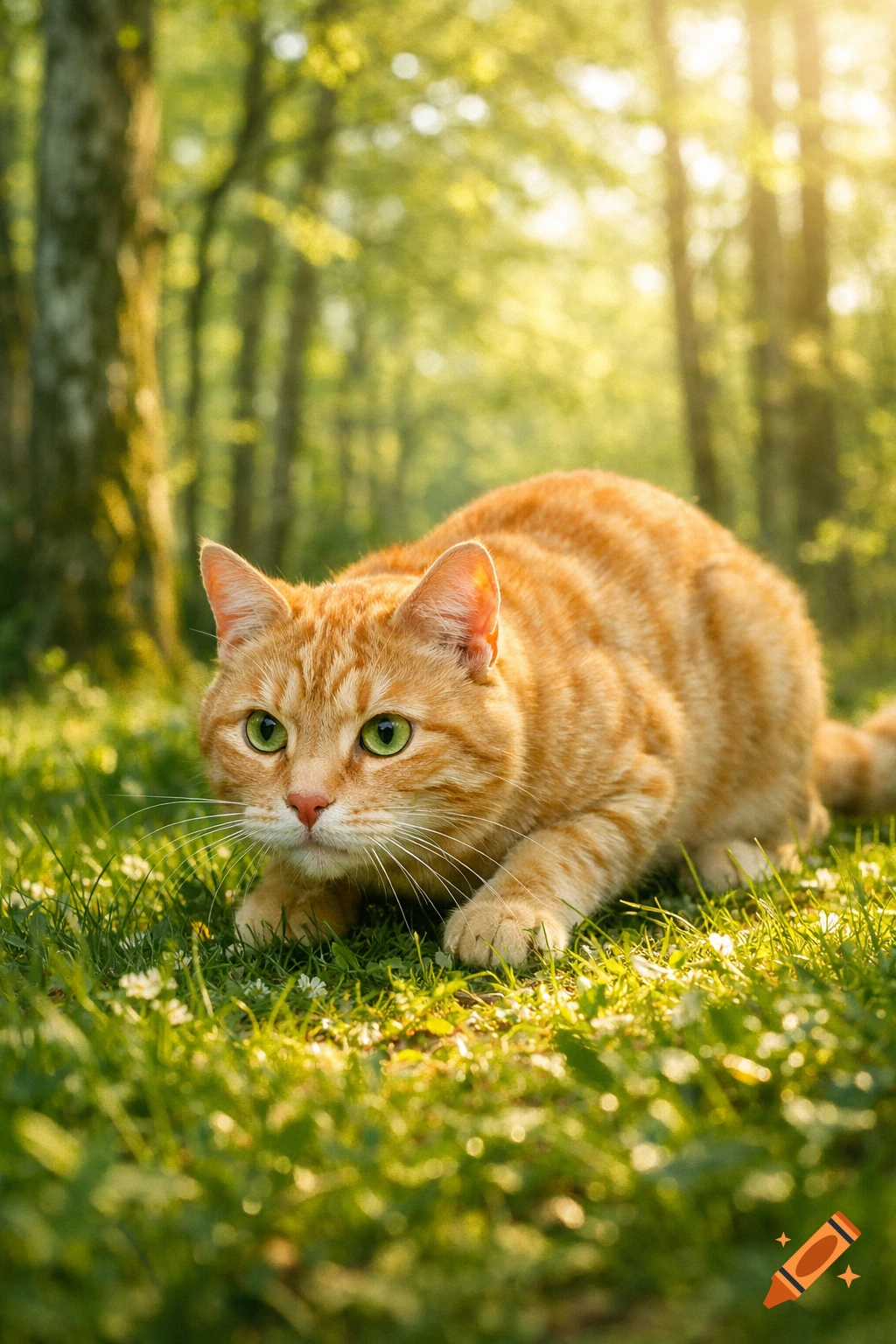 A ginger cat with bright green eyes crouches in sunny green grass amidst a blurred forest backdrop.