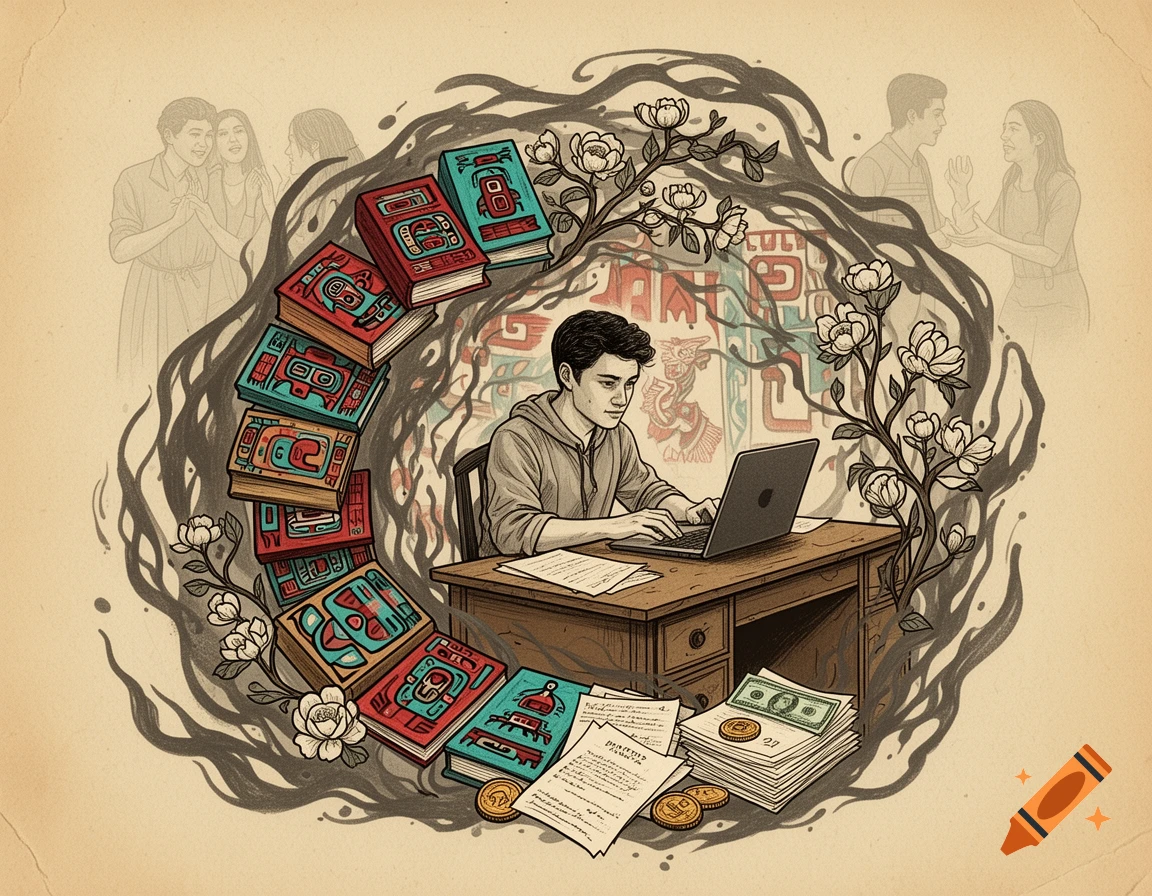Ledger art illustration of a student on a laptop, surrounded by books with Indigenous designs, money, and sketched figures.