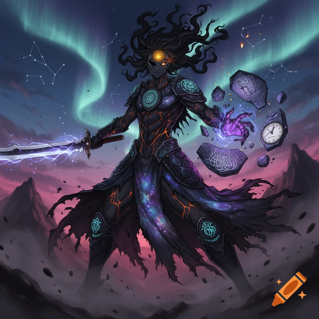 A towering anime fighter with dark, nebula-textured skin, wielding a plasma sword and manipulating floating fragments of reality under an aurora sky.