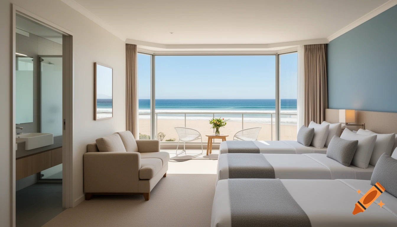 A modern hotel room with three beds, a sofa, and a large bay window overlooking a sandy beach and ocean.