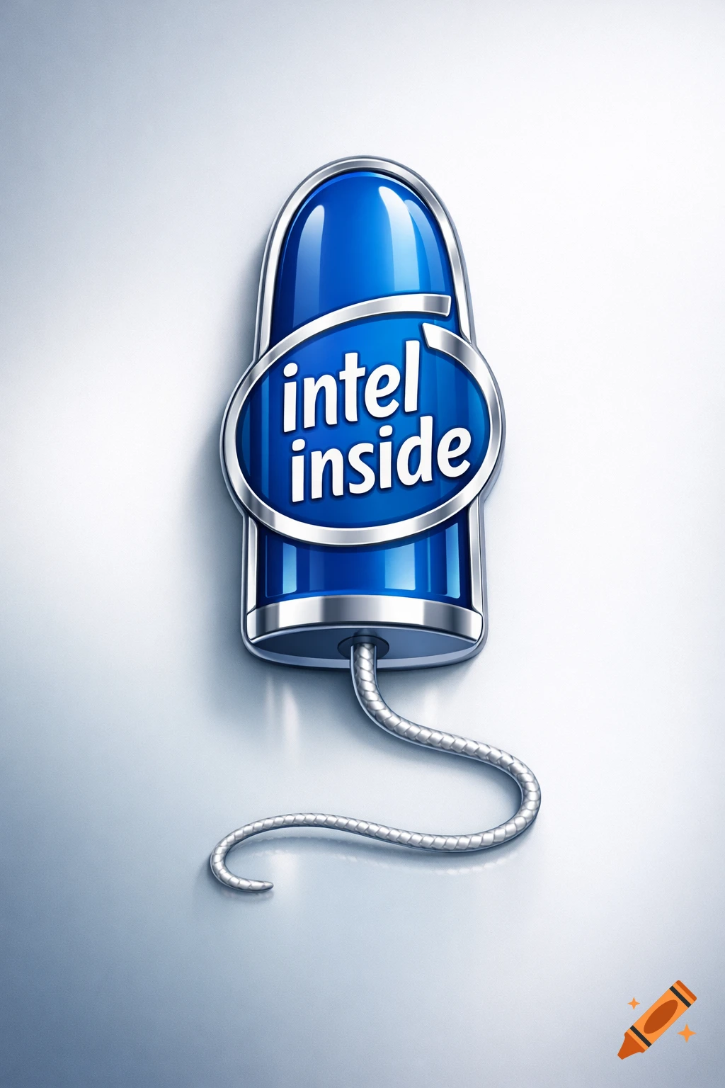 A glossy blue and silver, tampon-shaped object with the 'Intel Inside' logo and a trailing silver cord.