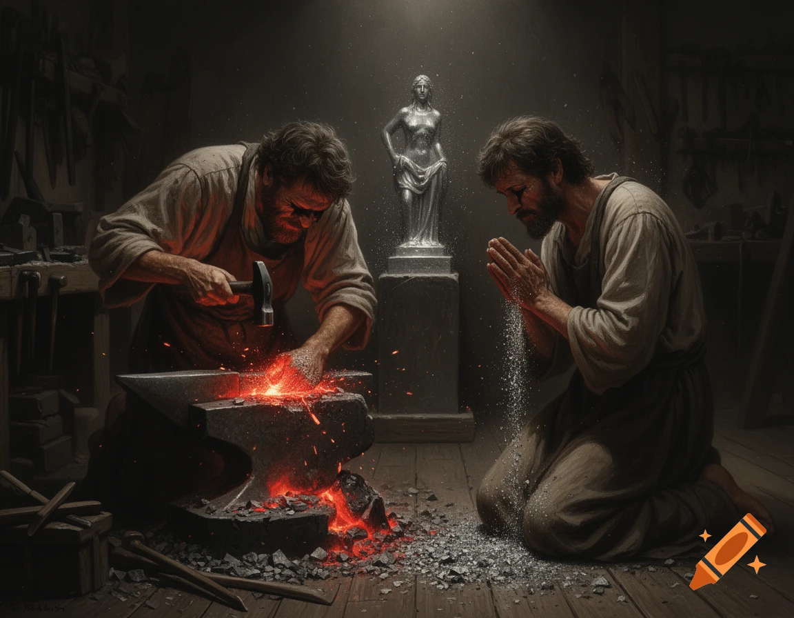 A dramatic, symbolic image of a blacksmith forging an idol on a glowing anvil, while a man kneels in adoration before the finished statue.