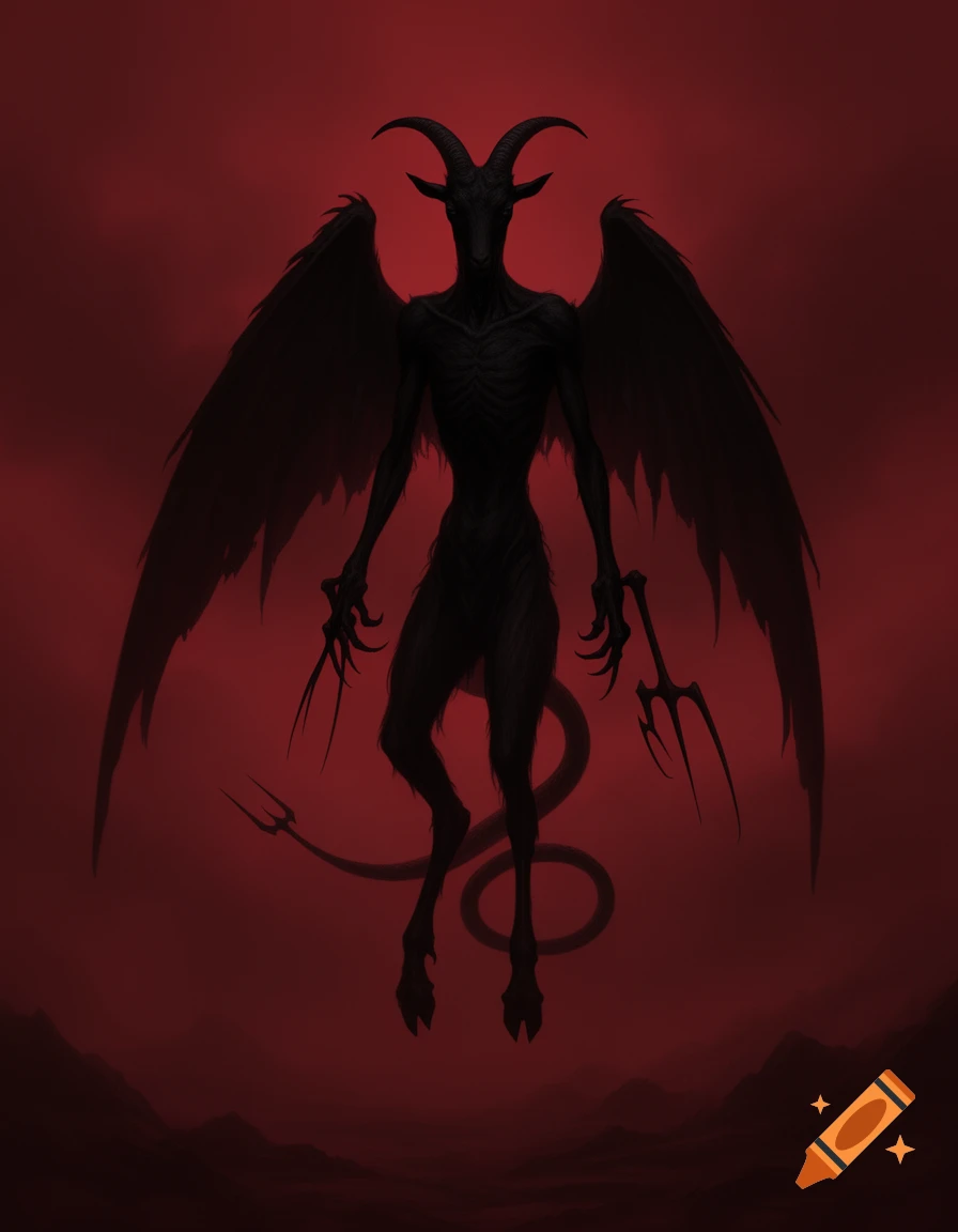 A dark, emaciated demonic figure with goat head, horns, and large wings hovers against a deep red background.