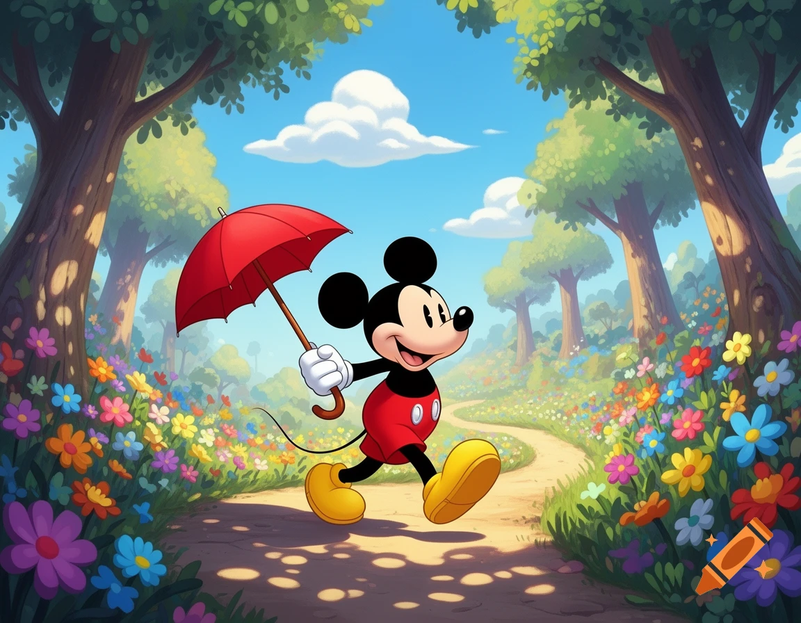 Mickey Mouse walks along a winding path in a colorful, flowery forest, holding a red umbrella, in a bright cartoon style.