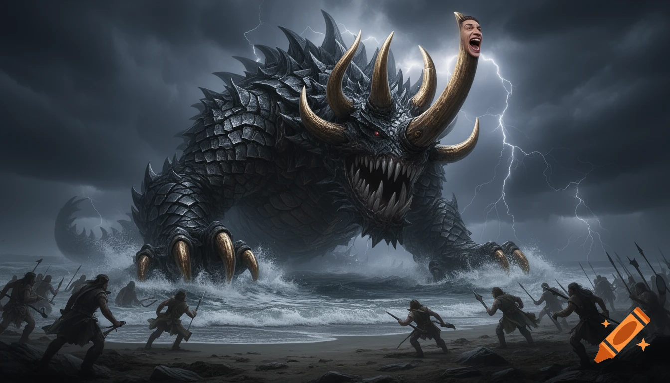A huge, dark, horned monster with a screaming human face on one horn emerges from a stormy sea, confronting warriors on a beach.
