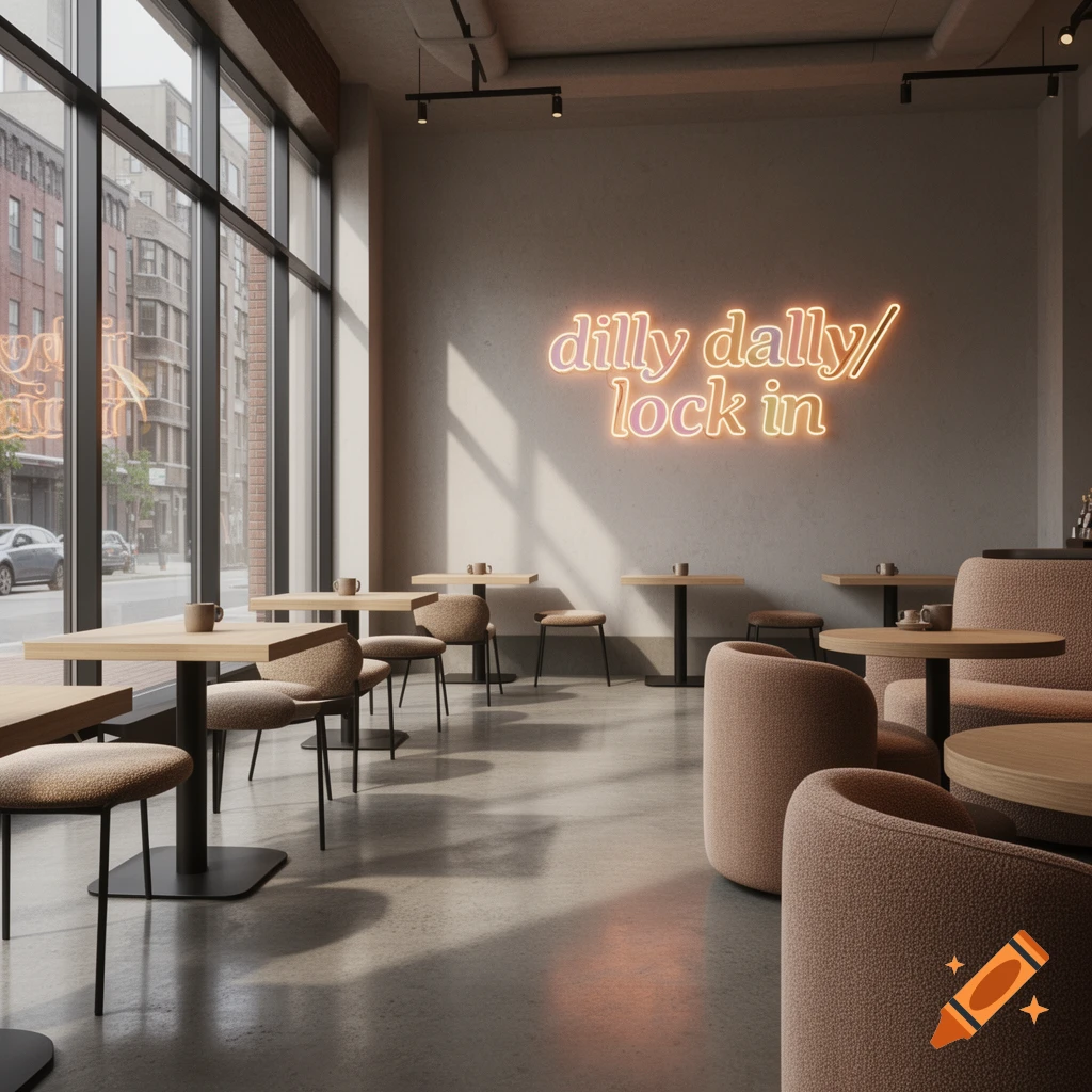 A modern cafe interior with large windows, wooden tables, and comfortable chairs. A neon sign on the wall reads 'dilly dally/ lock in'.