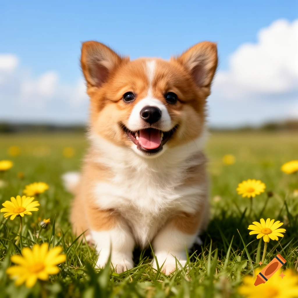 A happy, smiling corgi puppy sits in a sunny green field surrounded by yellow flowers under a blue sky.