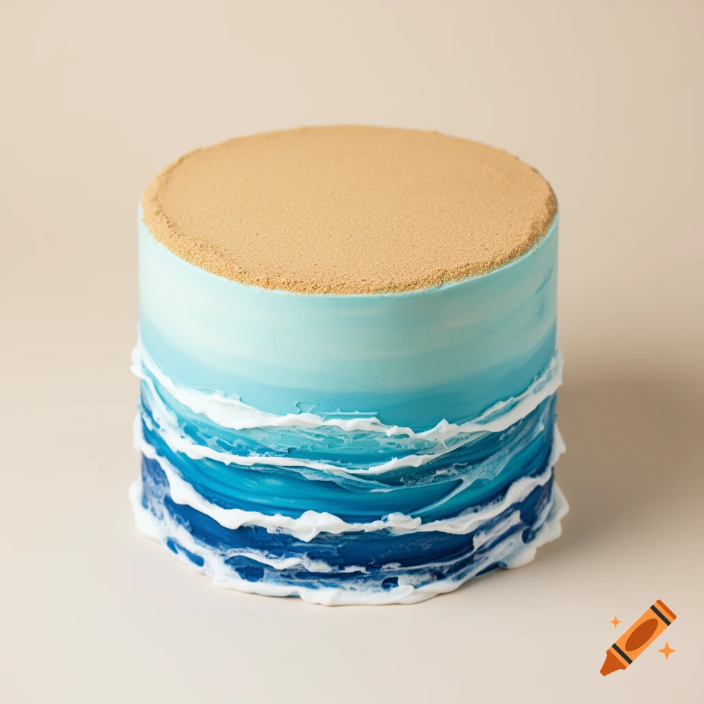A cylindrical cake decorated with a sandy top and ombr e blue frosting with white waves on the sides.