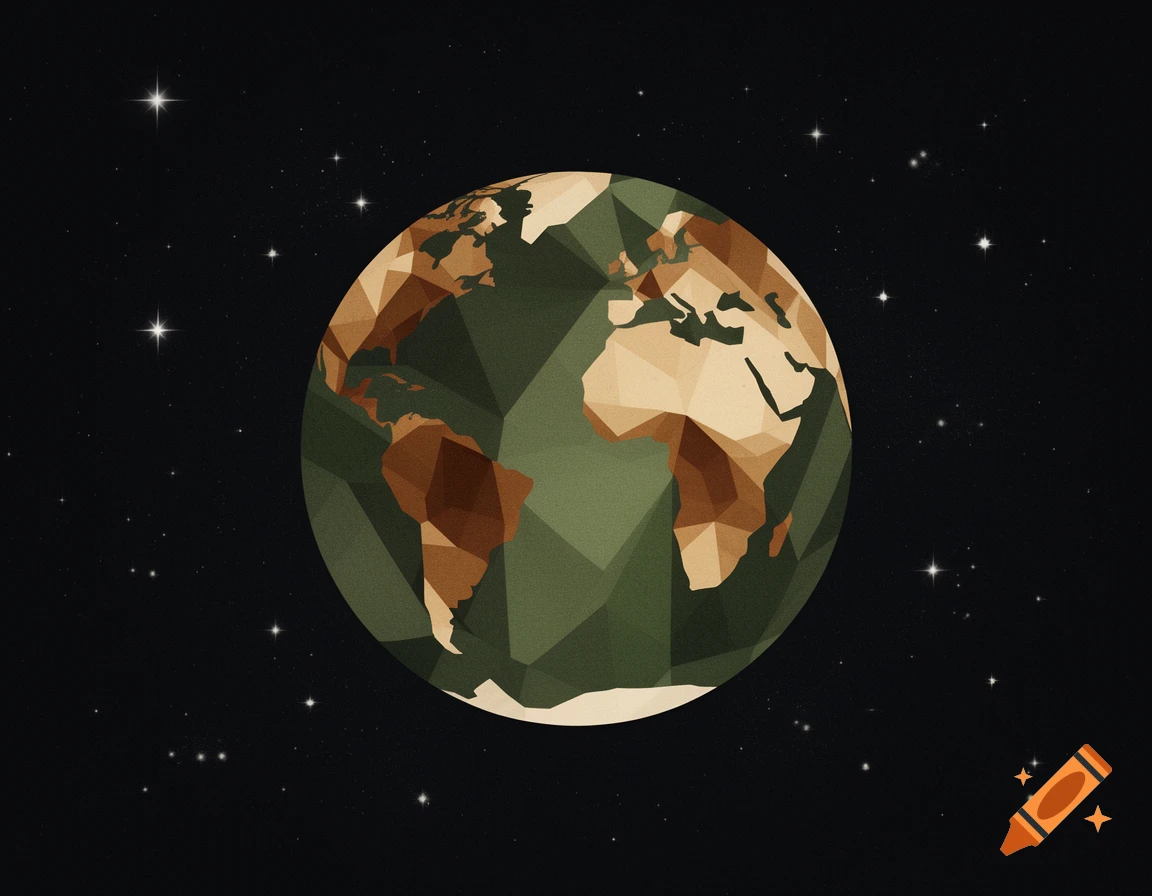 Abstract geometric Earth with green and brown continents against a starry black space.