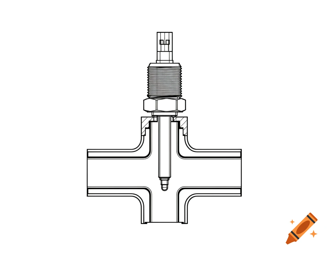 Black and white 2D cross-section technical drawing of a gas T-junction pipe with a dew point sensor.
