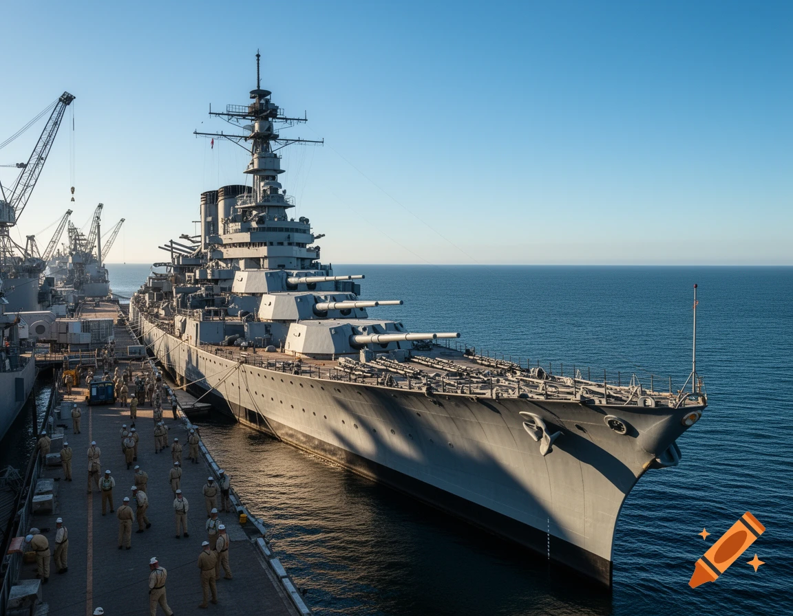 A photorealistic image of a large gray battleship, the USS Iowa, docked at a pier under a clear blue sky, with many people on the dock and cranes in the background.