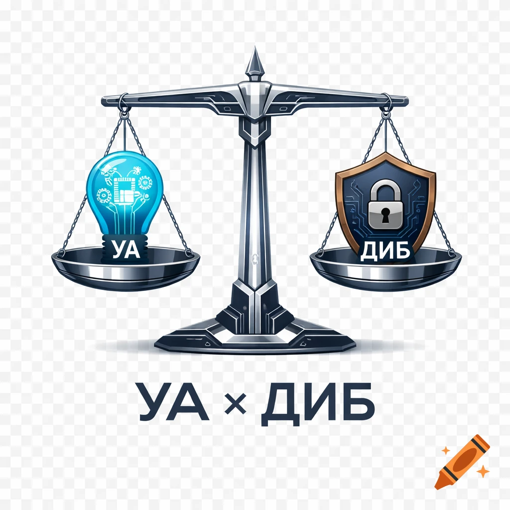 A balanced scale showing a blue lightbulb (innovation) and a dark shield with a padlock (security). Text 'УА × ДИБ' below. High-tech corporate icon.