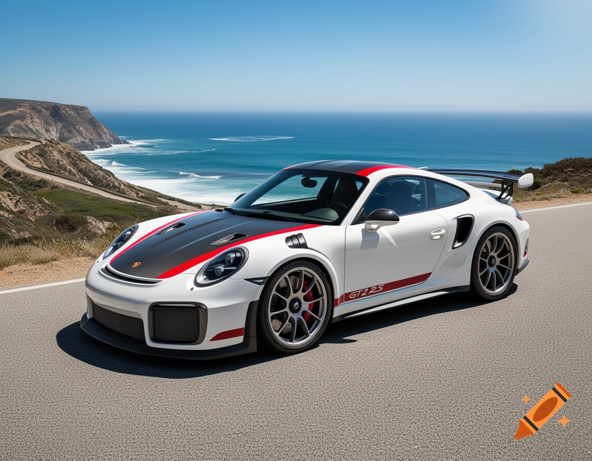 A white Porsche GT2 RS sports car with red and black accents parked on a scenic coastal road overlooking a blue ocean.