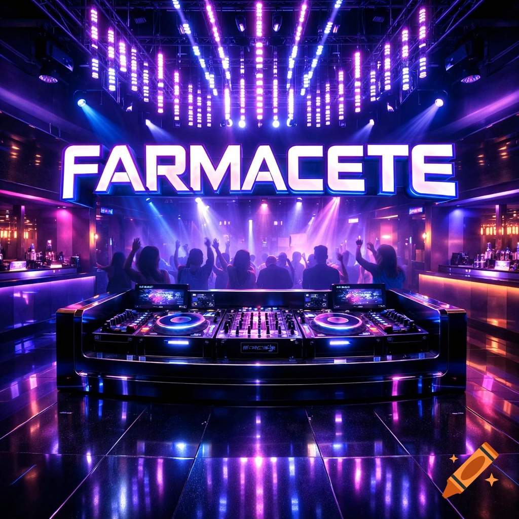 Vibrant nightclub scene with a DJ deck in the foreground, a dancing crowd, and the text 'FARMACETE' overhead, bathed in purple and blue lights.
