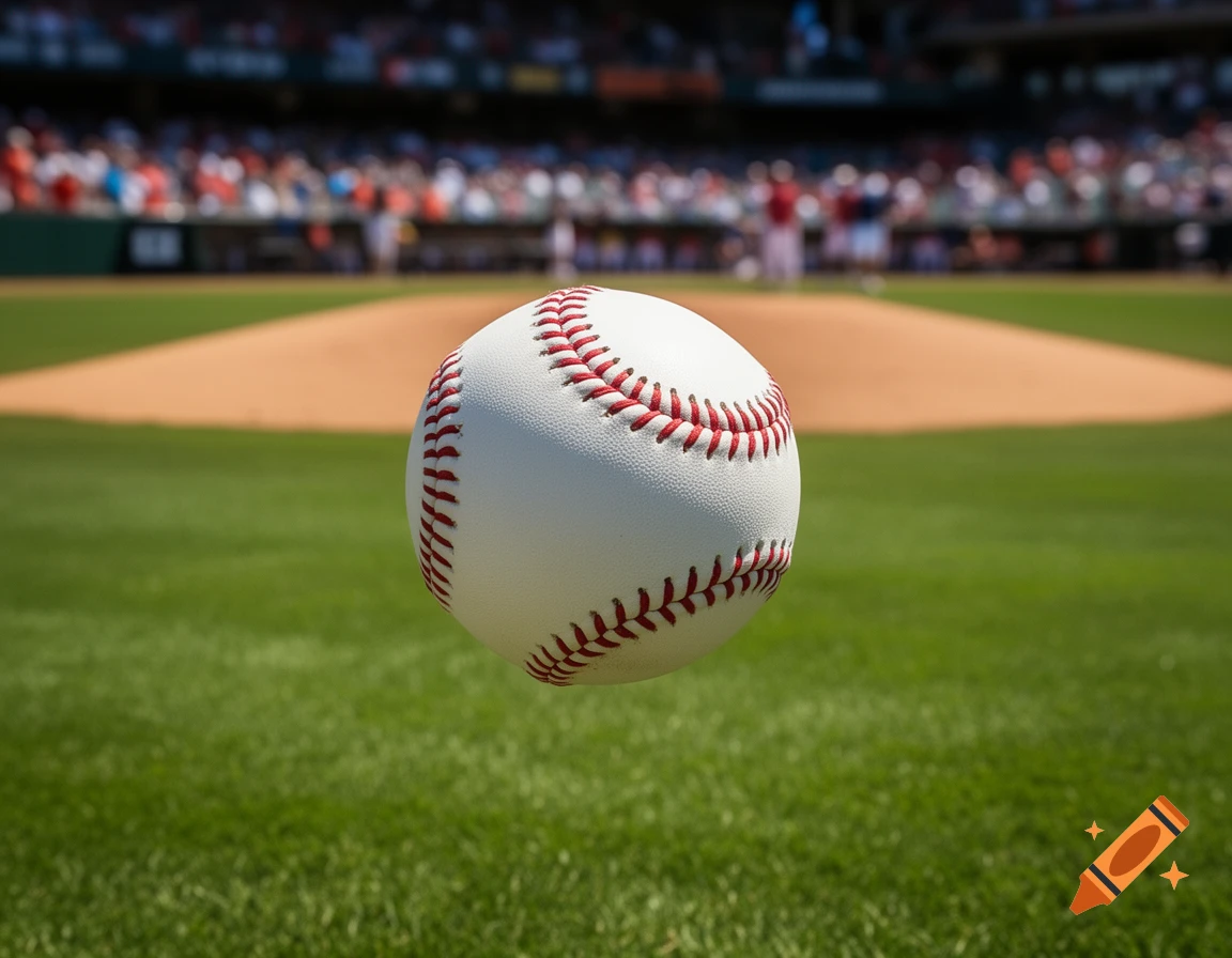 A close-up, photorealistic shot of a baseball floating above green grass with a blurred baseball field and crowd in the background.