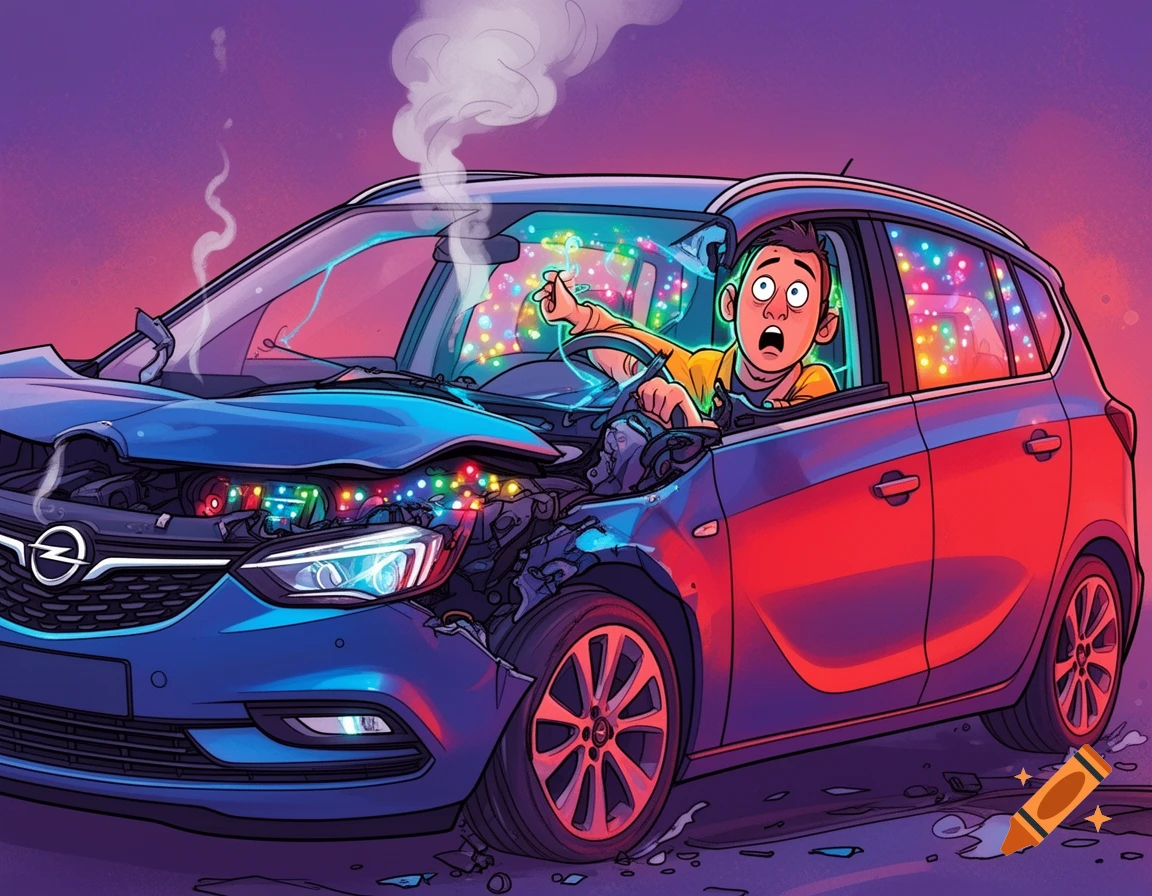 Cartoon illustration of a blue car with a smashed front, smoking engine, and colorful lights inside, with a shocked driver peering out.