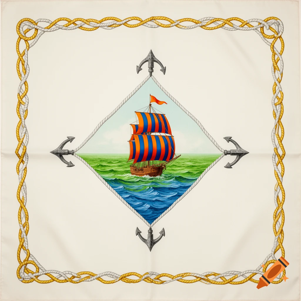A white background scarf with yellow and white braided ropes forming a border, framing a ship with orange and blue striped sails on green and blue water, surrounded by grey anchors.