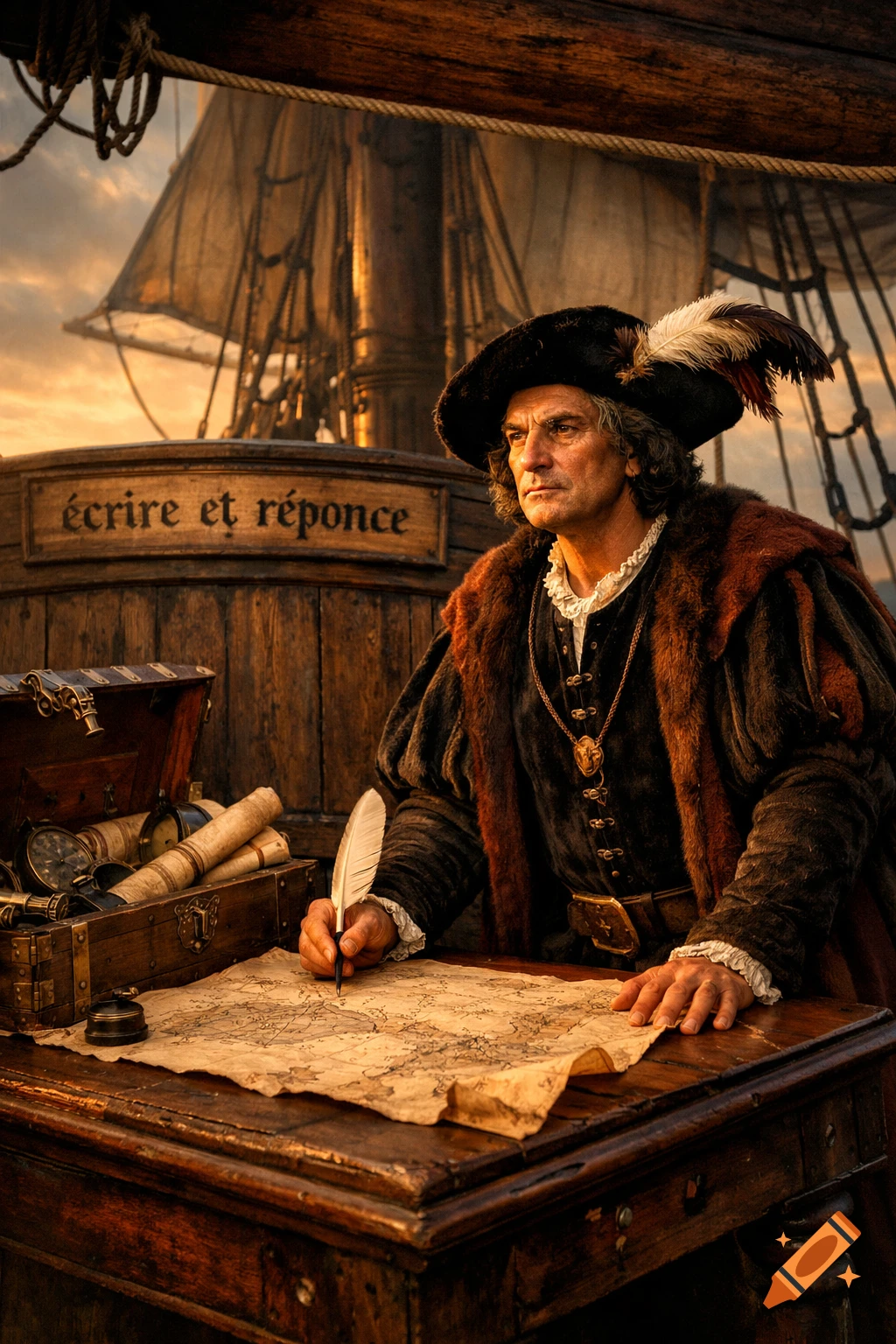 Photorealistic portrait of Christopher Columbus in period attire writing on a map with a quill on a ship.