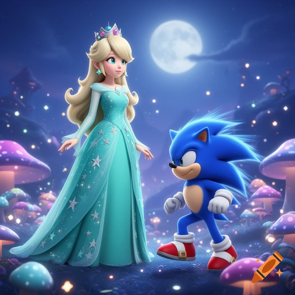 Rosalina from Mario, wearing a blue gown, stands in a glowing mushroom forest at night, looking at Sonic the Hedgehog.