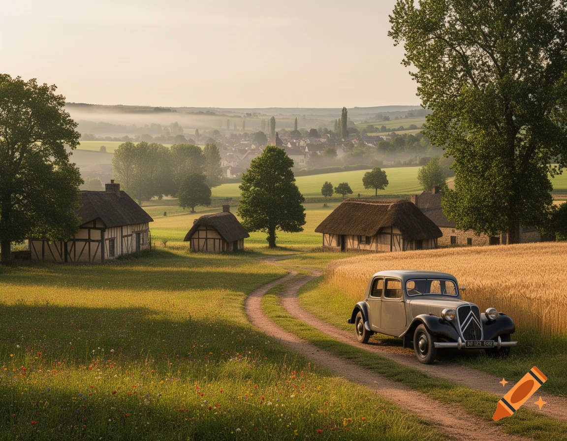 A vintage car on a dirt road through a sunny, foggy countryside with thatched-roof houses and a distant village, photorealistic.