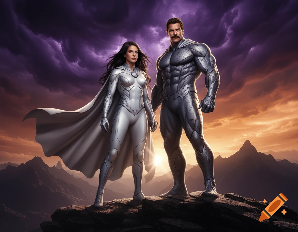Two superheroes, a woman in white and a man in silver armor with a mustache, stand on a mountain peak against a dramatic purple and orange sky.