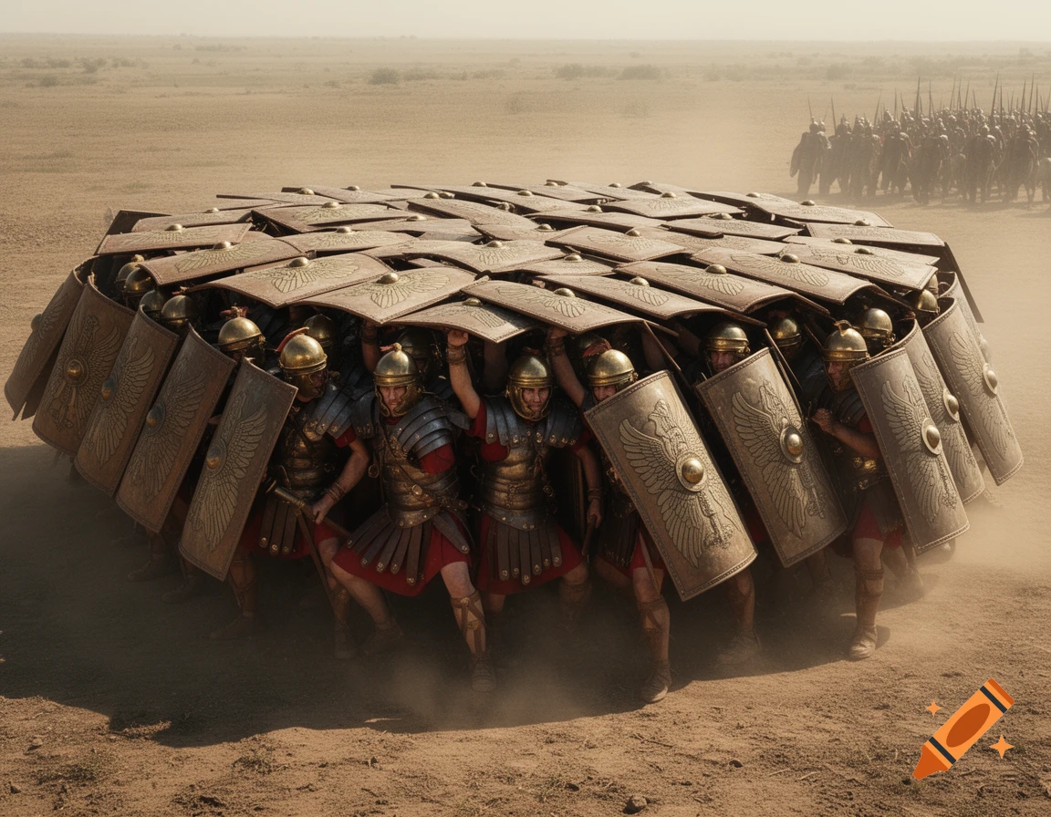 Photorealistic image of Roman legionnaires in a defensive testudo formation in a dusty desert landscape.