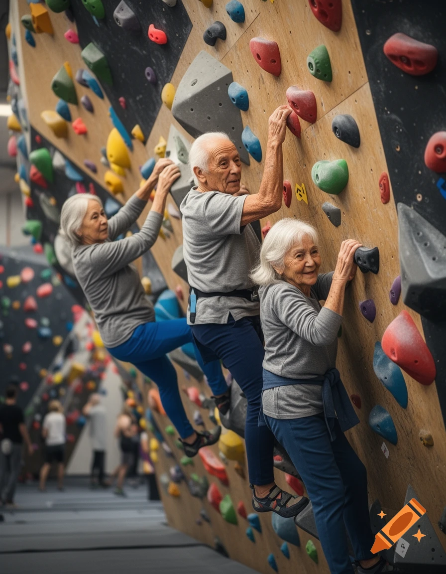 Three elderly people actively bouldering on a colorful climbing wall in a photorealistic style.