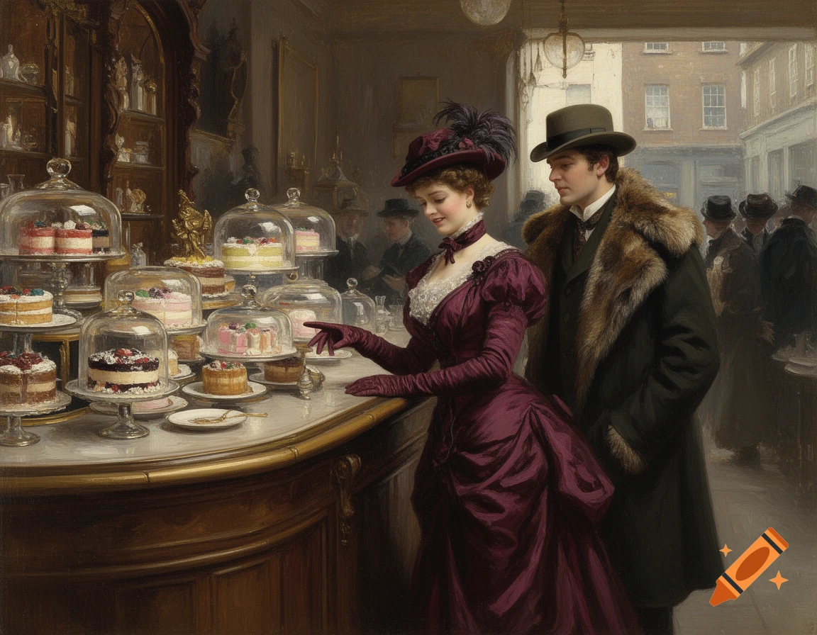 An oil painting of a Victorian couple in a bustling London cafe, looking at a display of elaborate cakes under glass cloches. The woman, in a burgundy gown and feathered hat, points to a cake.