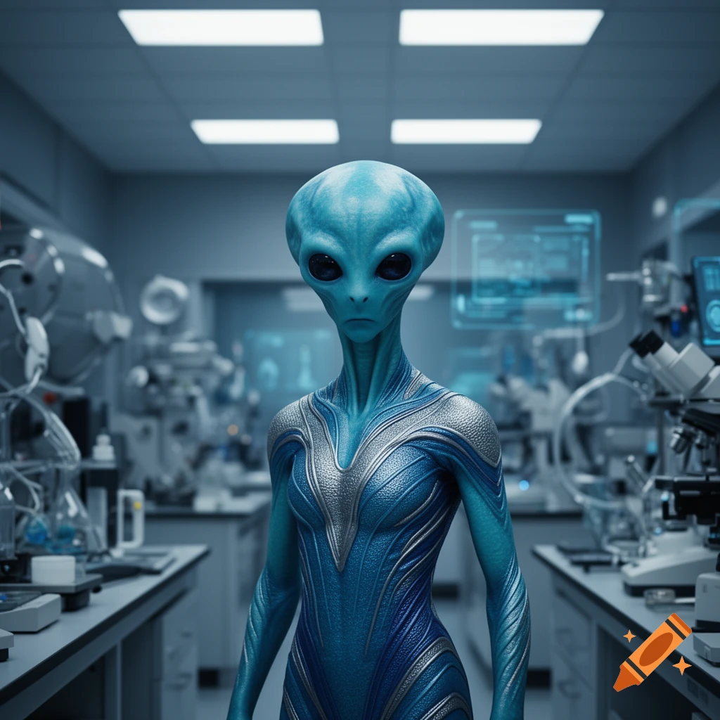 A blue alien with large dark eyes and a lean, textured body suit stands in a futuristic laboratory.