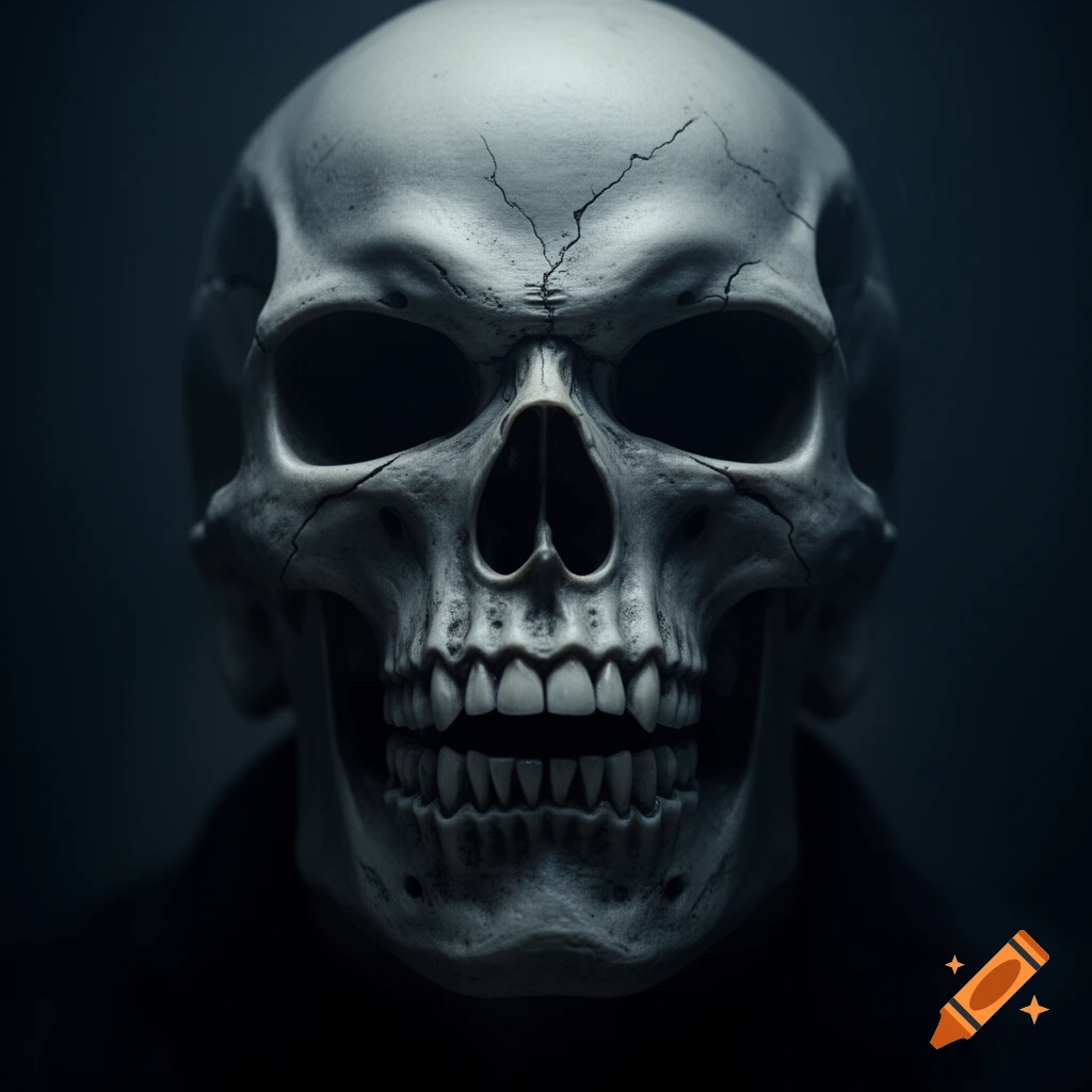 Close-up, front-facing view of a cracked, stylized human skull against a dark background, in a gothic style.