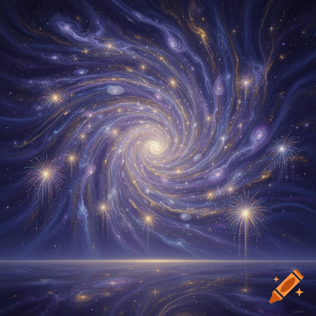 A vibrant, abstract spiral galaxy in purple and gold, with starbursts and cosmic dust, reflected on a calm surface.